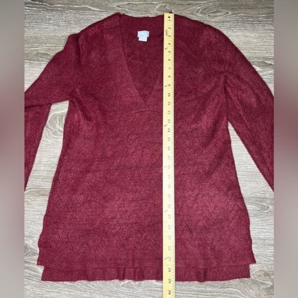 Chico’s Herringbone Cranberry Burgundy Tunic Sweater with Deep V-Neck Medium - Picture 10 of 13